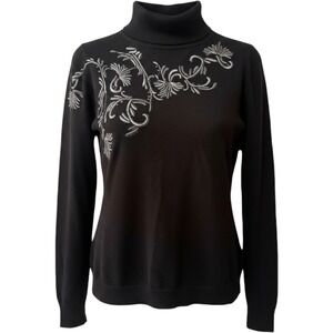 Soft Surroundings Genevieve Embroidered Turtleneck Sweater Black Floral Size XL